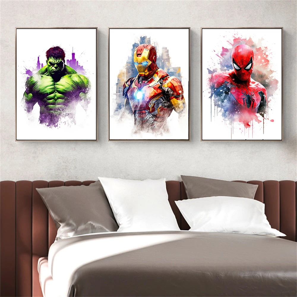 

Marvel Cartoons Deadpool Hulk Spiderman Captain America Iron Man Wall Art Watercolor Canvas Poster Decor Living Room Kids Room