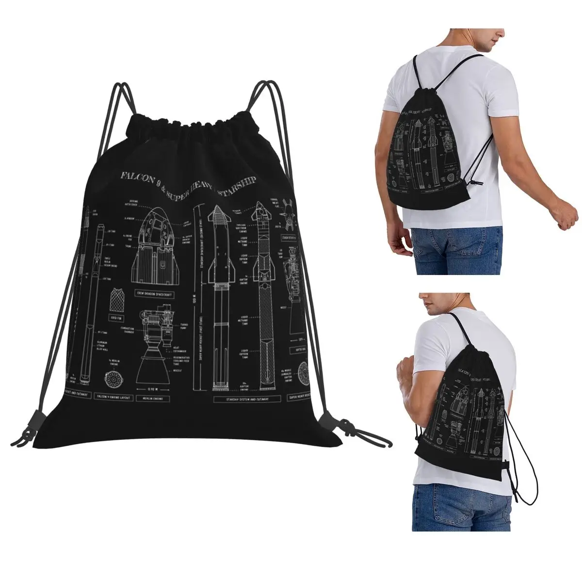 SPACEX Falcon 9 And Super Heavy Starship Backpacks Casual Drawstring Bags Sundries Bag Book Bags for Man Woman School