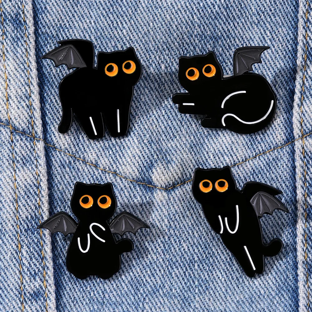 Cartoon Black Cat Enamel Brooch Lapel Pin Bat Baseball Cap Paint Window Game Console Badminton Knife Animal Badge Jewelry Gift