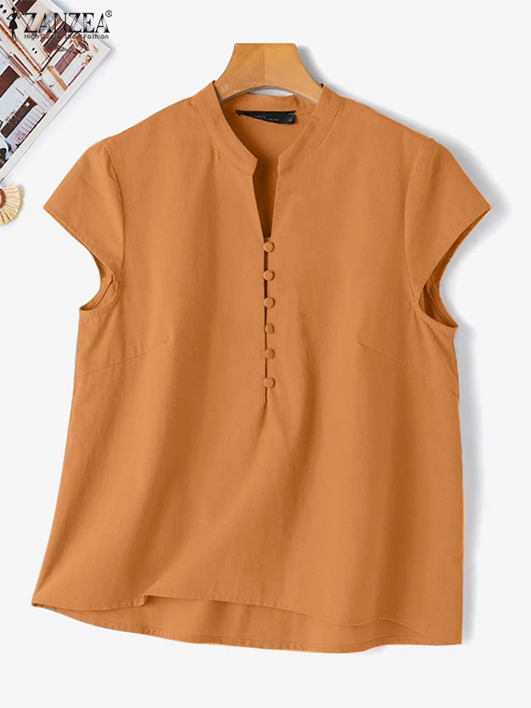 

Блузка ZANZEA женская летняя с V-образным вырезом, элегантный однотонный топ с коротким рукавом, туника, Женская Офисная рубашка, Повседневная однотонная на пуговицах