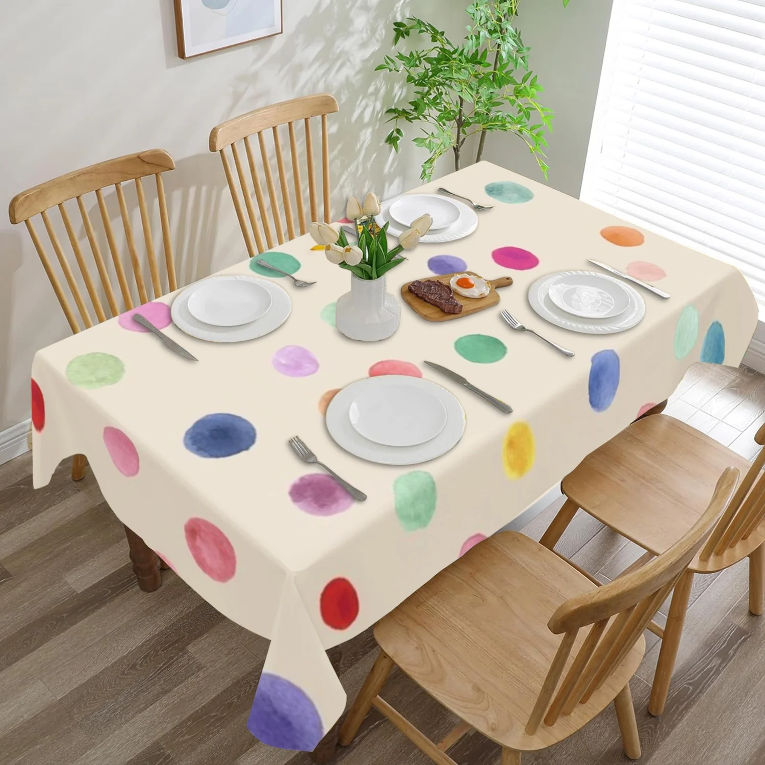 [Festive Home Decoration] 1pc of Rectangular Colorful Polka Dot Polyester Tablecloth - an Ideal Festive Home Decoration Item, Suitable for Parties, Indoors, Outdoors, And Picnics