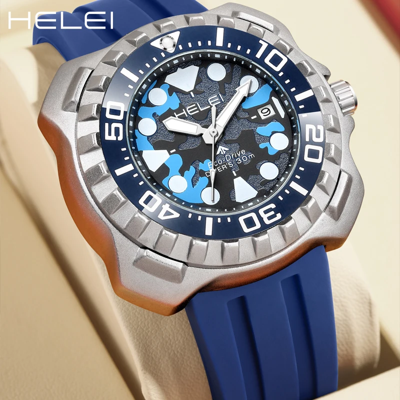HELEI Men's Quartz Wristwatch Helmsman Collection Silicone Strap Luminous Hand Window Irregular Case Waterproof Wristwatch
