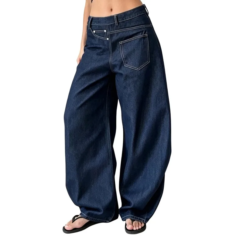 High Waist Wide Leg Jeans Asymmetric Fly Curved Loose Draped Denim Trousers For Women