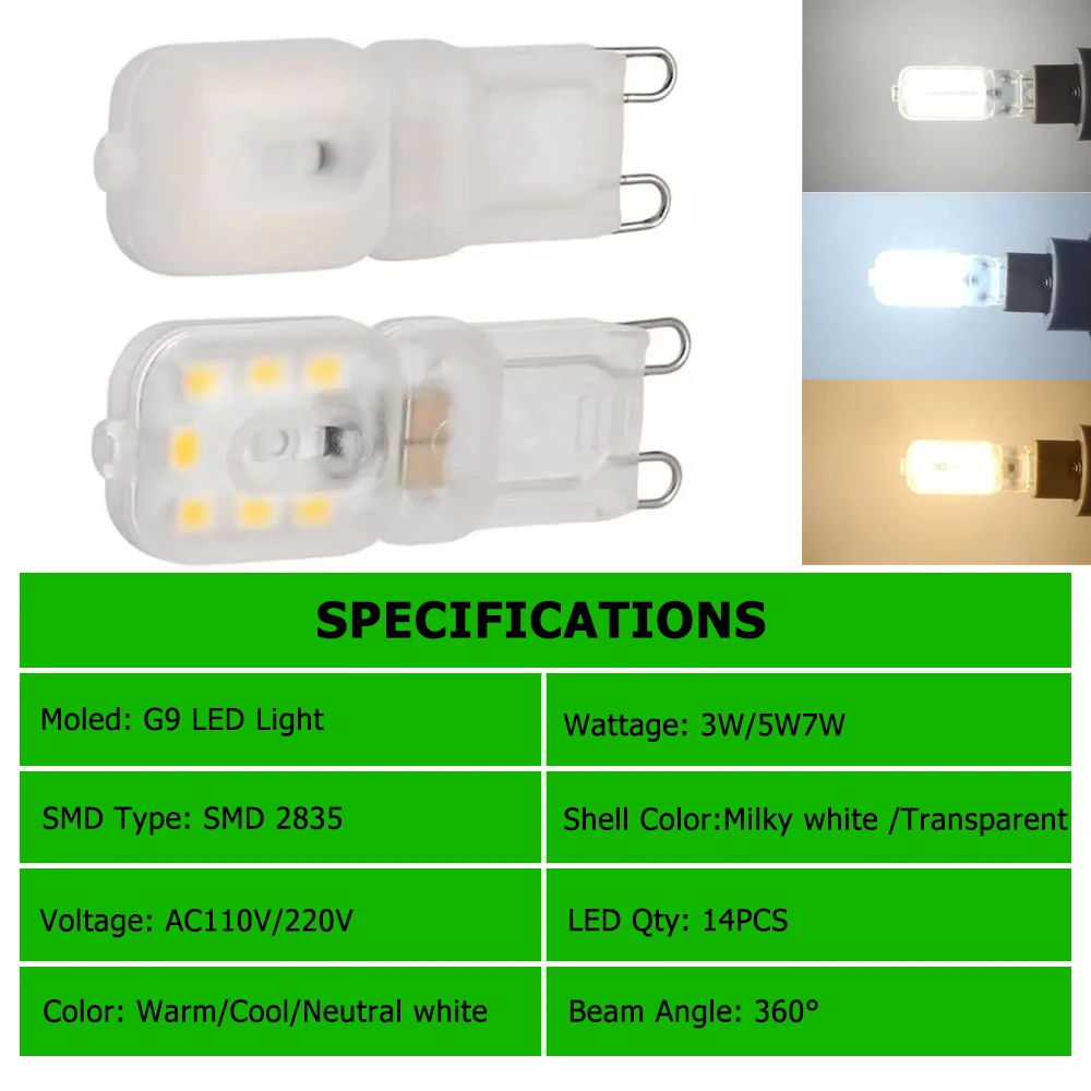 Imagem -03 - Lâmpadas Led Reguláveis para Casa Lâmpada Transparente Branco Leitoso 2835smd 14leds 22leds 32leds 110v 220v g9 3w 5w 7w 10 Pcs Lote