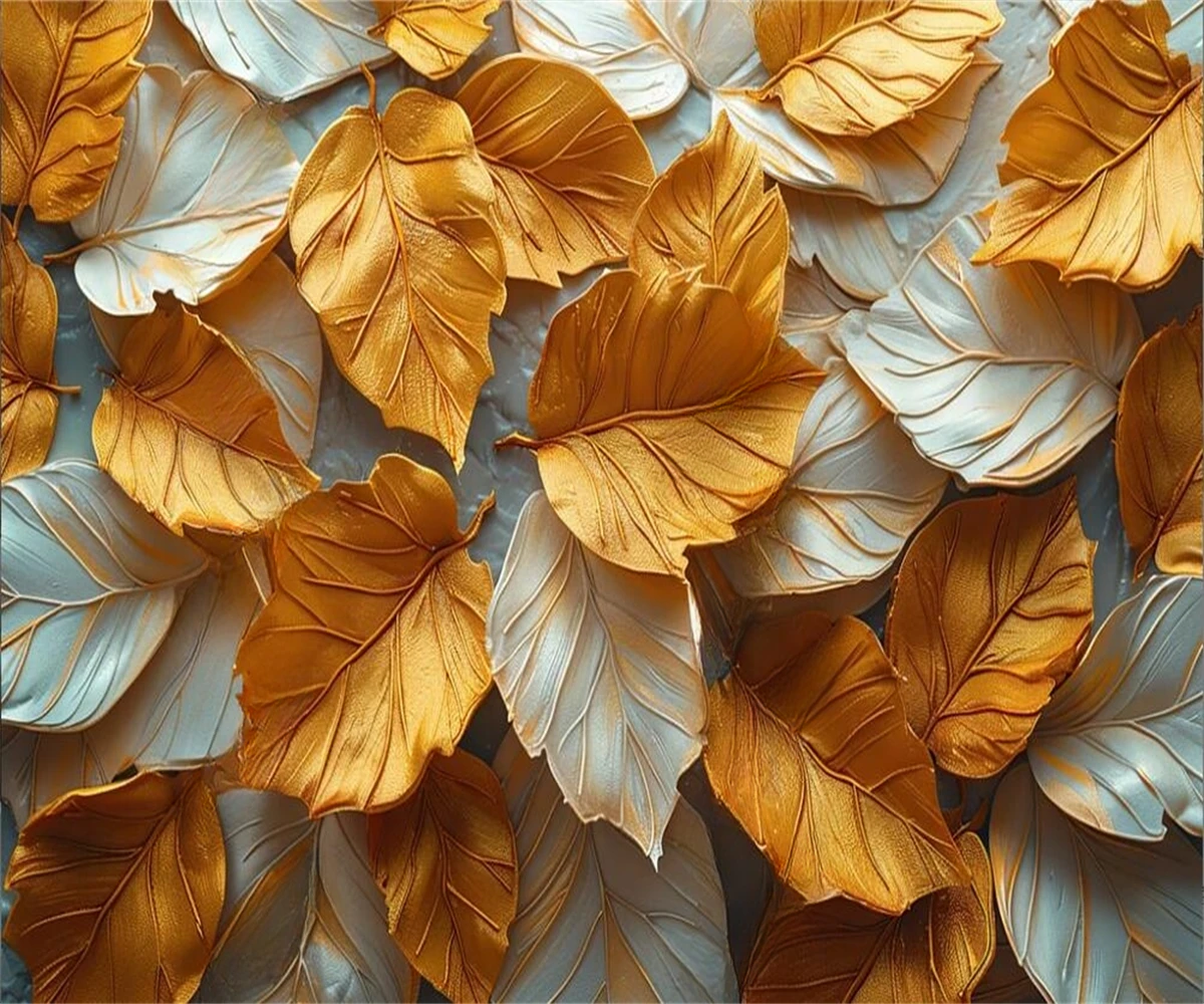 3D Custom Size Golden Leaf Mural Wall Art Luxury Living Room TV Background mural Three-Dimensional Light Artistic Wallpaper
