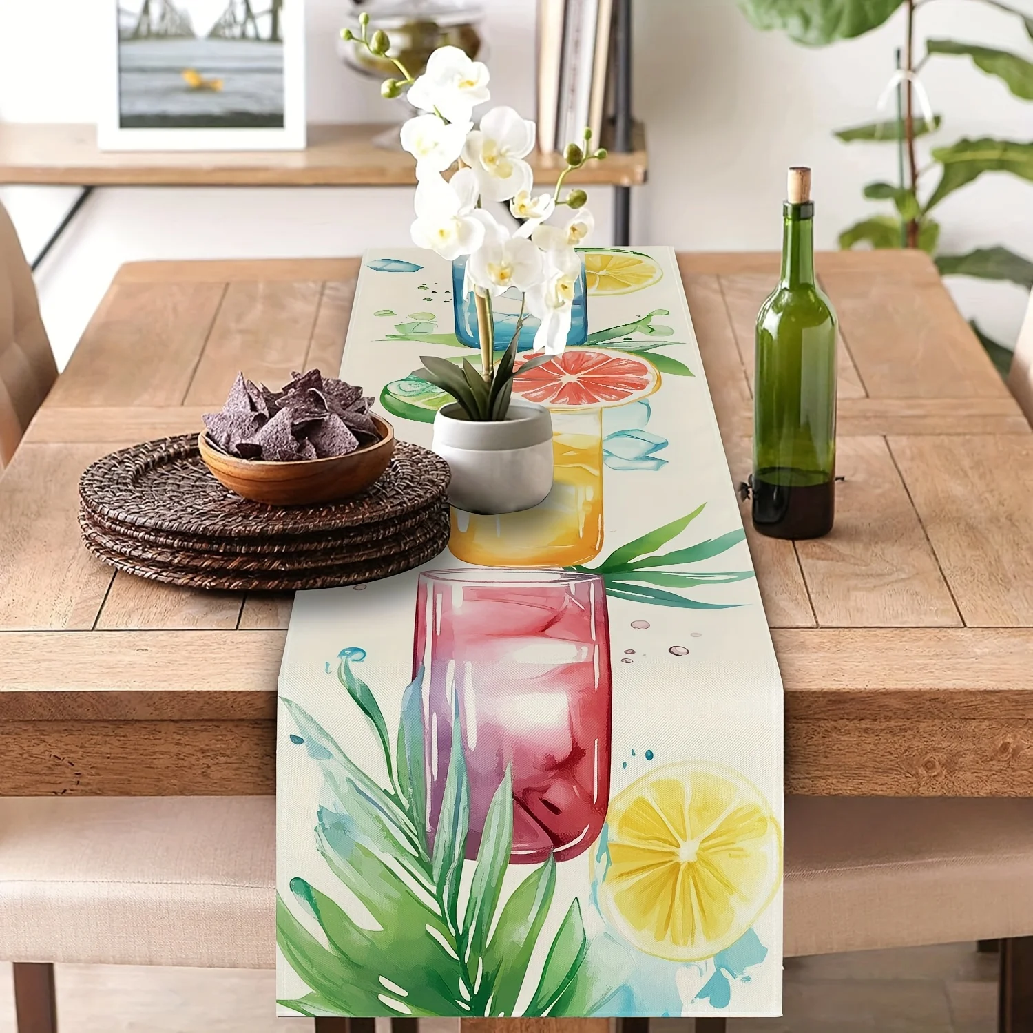 1 Piece Lemon, Palm Leaf, and Soda Water Design Table Runner, Suitable for Farmhouse, Indoor, Kitchen, Celebrations, Table Decoration, Restaurant, and Banquet Decoration Supplies