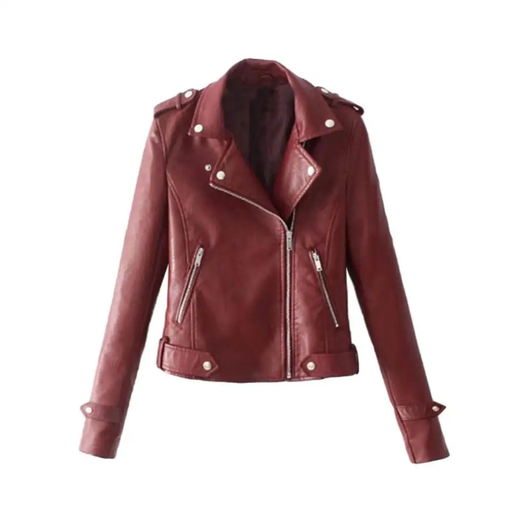 Solid Color Jacket Women 2023 Spring Faux Leather Lapel Motorcycle Jacket Long Sleeve Zip Up Coat Top women