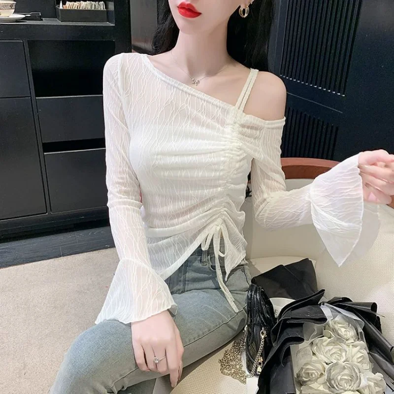 Women's Clothing Stylish Sexy Off Shoulder Lace-up Asymmetrical Design T-shirts Y2K White Long Sleeve Slim Sweet Chic Fairy Tops