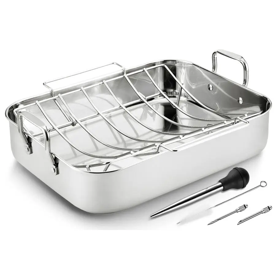 

COOKMENT Roasting Pan with Baking Rack, 16.5 Inch Stainless Steel Turkey Roaster with Rack, Baster. Great for Turkey, Chicken, H