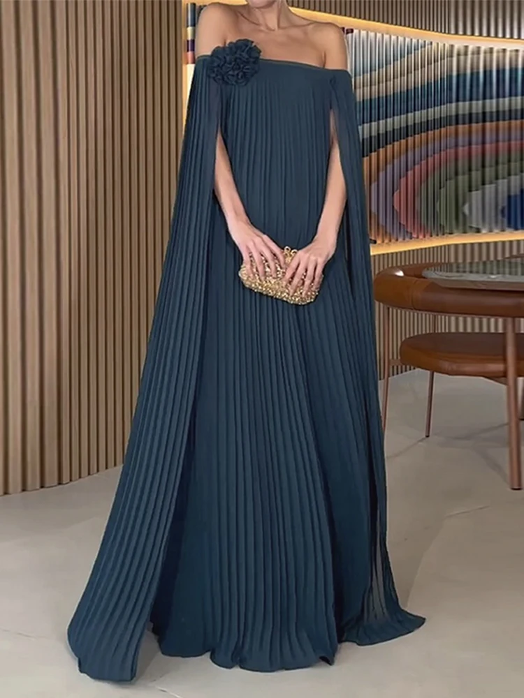 Beautyblue vestidos de noite femininos elegantes maxi vestidos soltos gaze plissada cor sólida em camadas fora do ombro novo robe feminino
