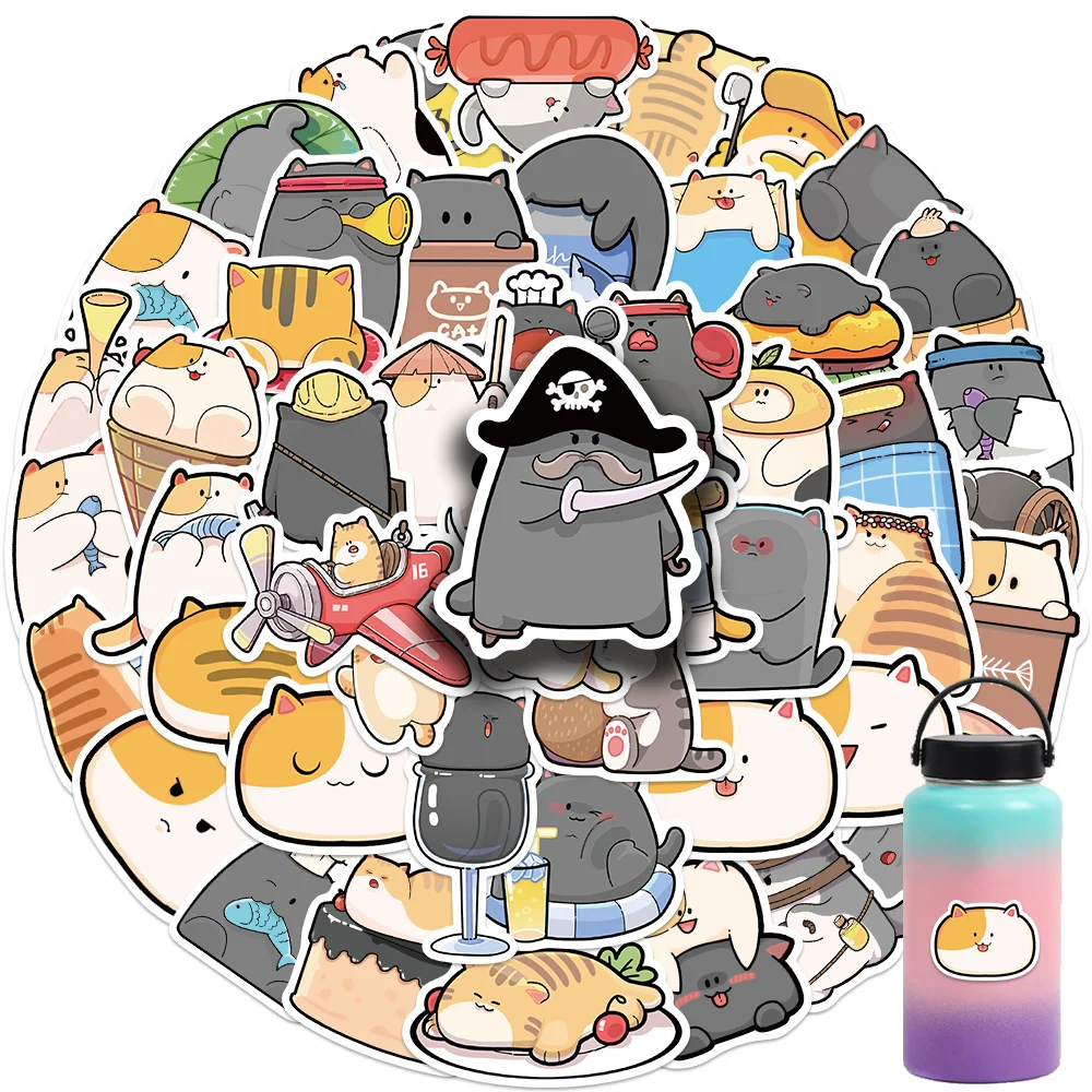 50PCS Plump CAT Cute Chubby Animals Cartoon Vinyl Stickers Decals for Water Bottle Laptop Skateboard Scrapbook Luggage Kids Toy