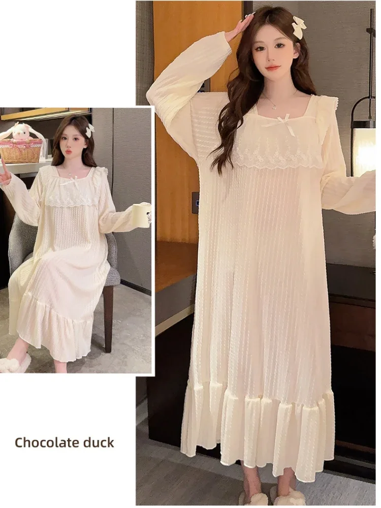 Корейская ночная рубашка больших размеров 110 кг 5XL, женская весенняя кружевная одежда для сна с длинными рукавами, одежда для сна принцессы с квадратным вырезом, свободная домашняя одежда