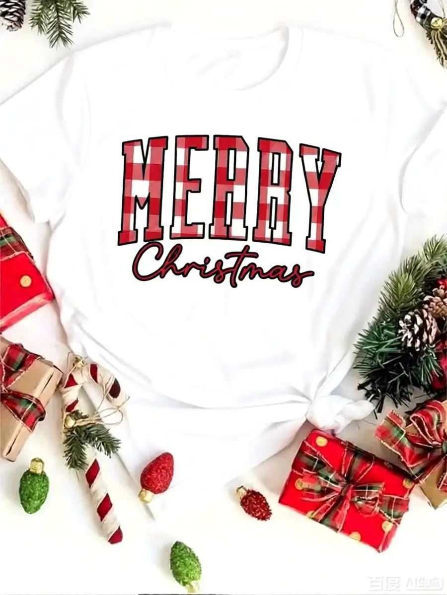 Holiday‑Vibe Women's Dopamine Bright Color T-shirts Crew Neck Merry Christmas Aesthetics Pattern Print Daily Wear Free Shipping