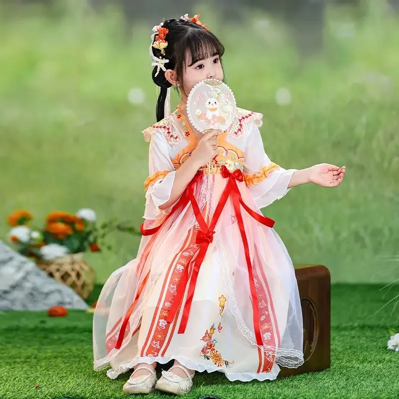 yesSpring Fall Princess Hanfu for Girls - New Tang Style Gown with Ribbon Traditional Chinese Dress Purim Costume for Girls