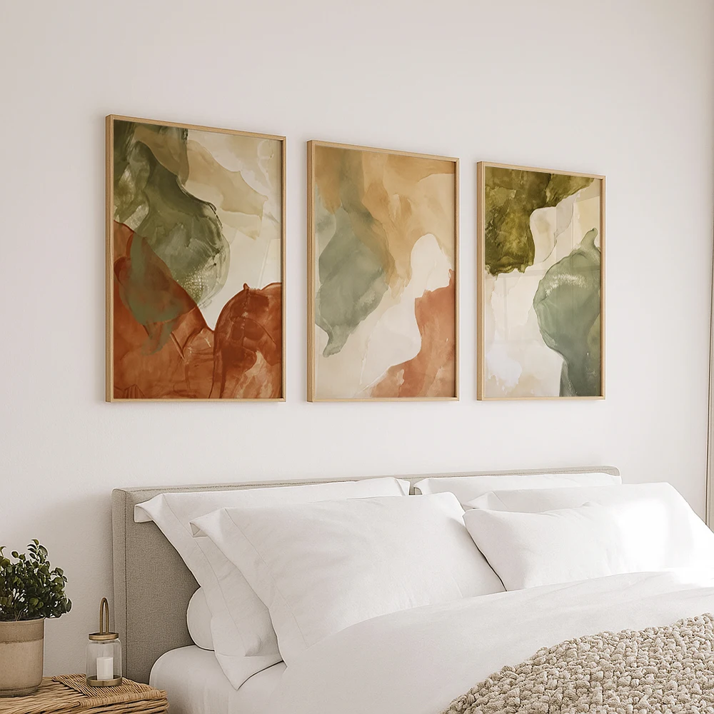 Set of 3 Abstract Watercolor Earth Tone Canvas Wall Art Unframed Neutral Olive Green Decor for Bedroom Living Room Decor