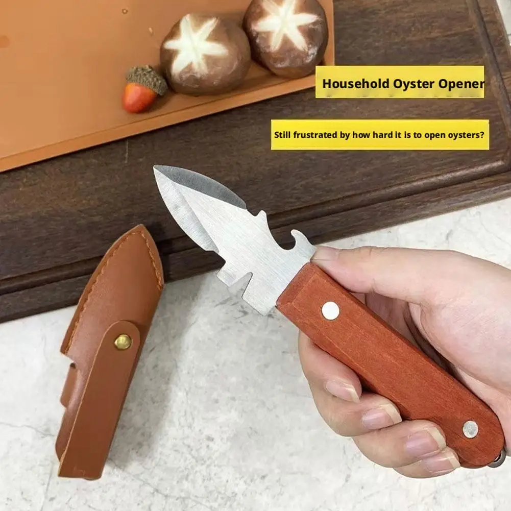 Stainless Steel Oyster Shucking Knife With Leather Sheath Wooden Handle Seafood Opener Tool For Scallop Clam Sea Urchin Shell