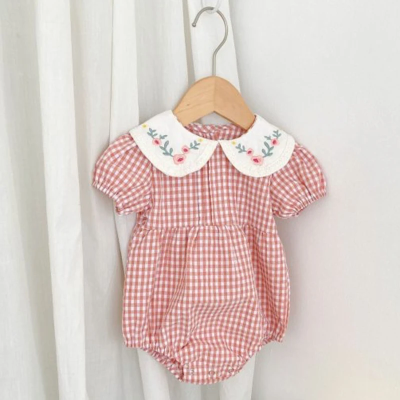 2024 Toddler Baby Girls Rompers Embroidery Bodysuit Girls Jumpsuits Princess Girls Pink Grid Rompers Toddler Summer Clothing