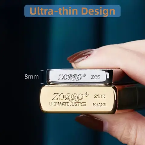 Isqueiro ultrafino ZORRO ZC5, processo de gravação em duas cores, ignição por roda de fogo, presente para homens.
