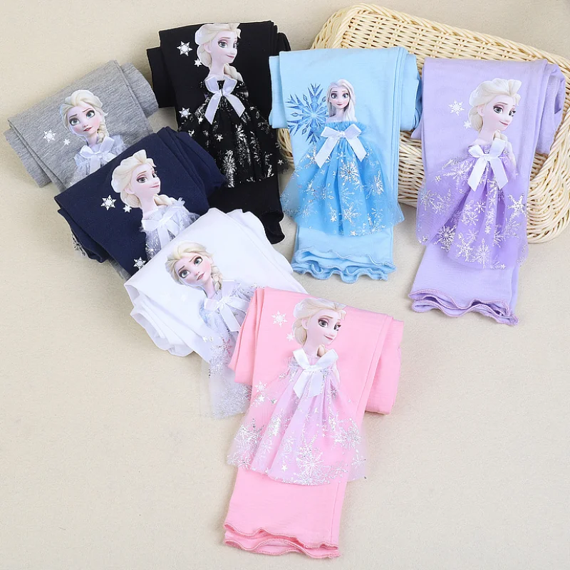 Disney Cotton Girls Pants for Children Summer Frozen Elsa Princess Pants Baby Girl Pink Blue Trouser Lace Kids Leggings