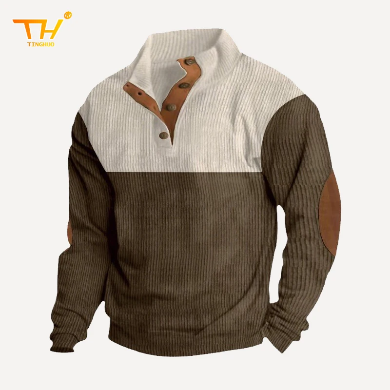 

Men's Colorblock Patchwork Patched Button Front Half Placket Pullover, Regular Fit Casual Long Sleeve Collared Sweatshirt