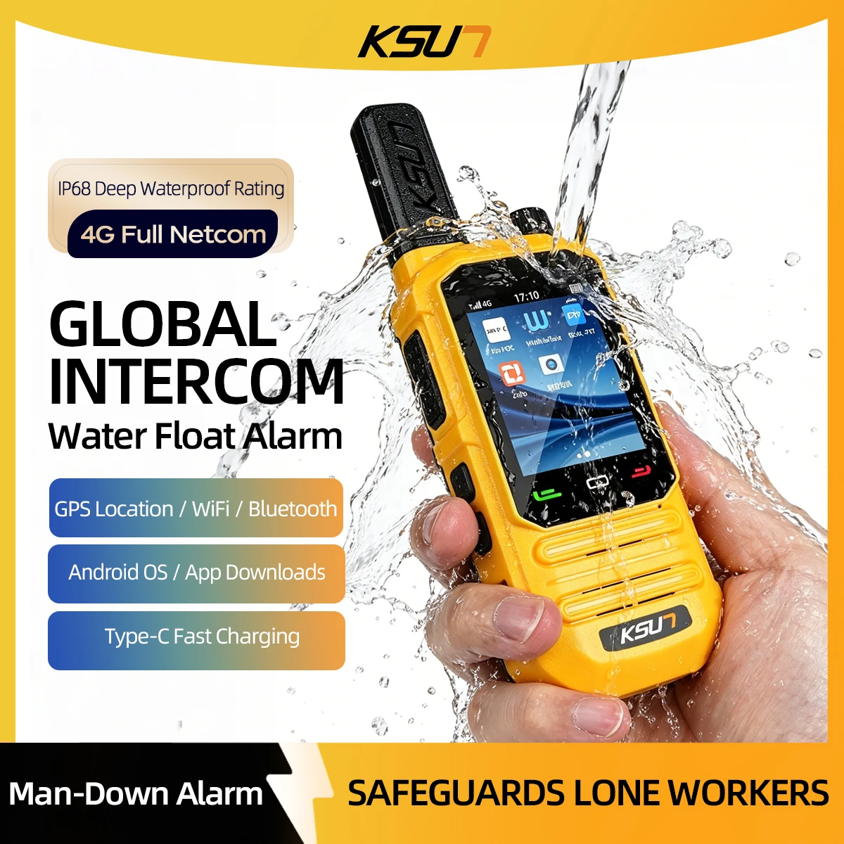KSUN ZL72P Global 4G POC Walkie Talkie, IP68 Waterproof, Float & Drop Alarm, GPS/GLONASS/BeiDou, Type-C Fast Charge, 4000mAh.