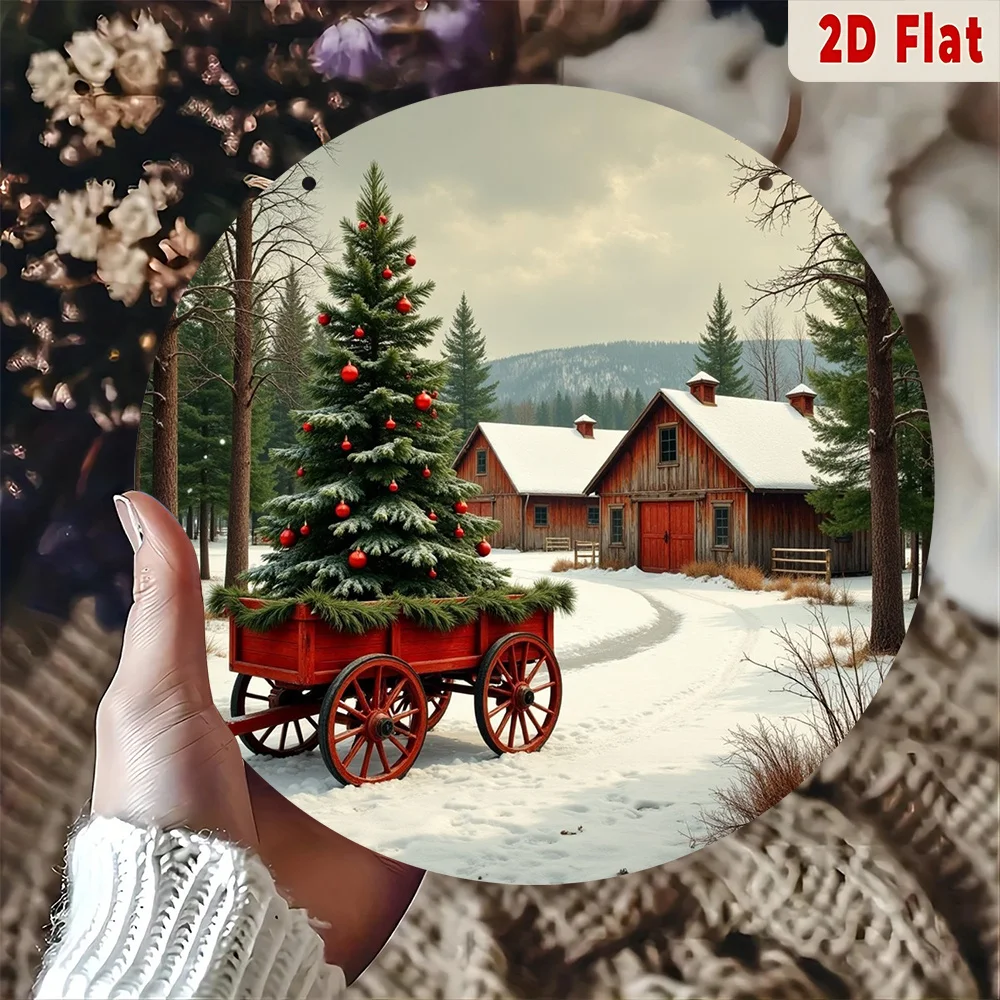 2D flacher, Vintage-Weihnachtsbaum im roten Wagen, Metallwandkunst – 2D flaches rundes Aluminiumschild mit verschneiter Winterszene, rustikales Bauernhof