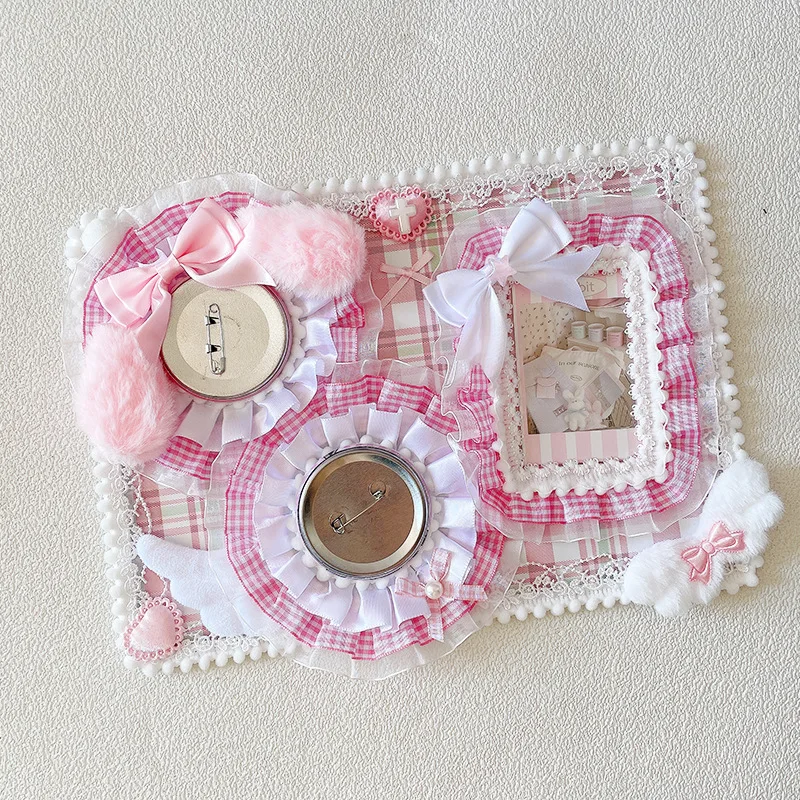 Anime Style Plaid Ita Bag Set with Bow Ribbon, Card Holder, Badge Display Board and Storage Accessories for Pins and Keychains –