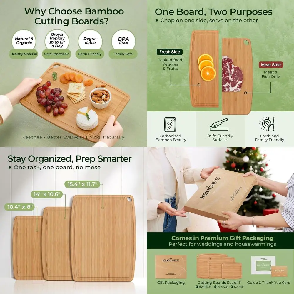 

Set of 3 Bamboo Cutting Boards - Lightweight, Dishwasher Safe, with Juice Groove for Efficient Kitchen Use