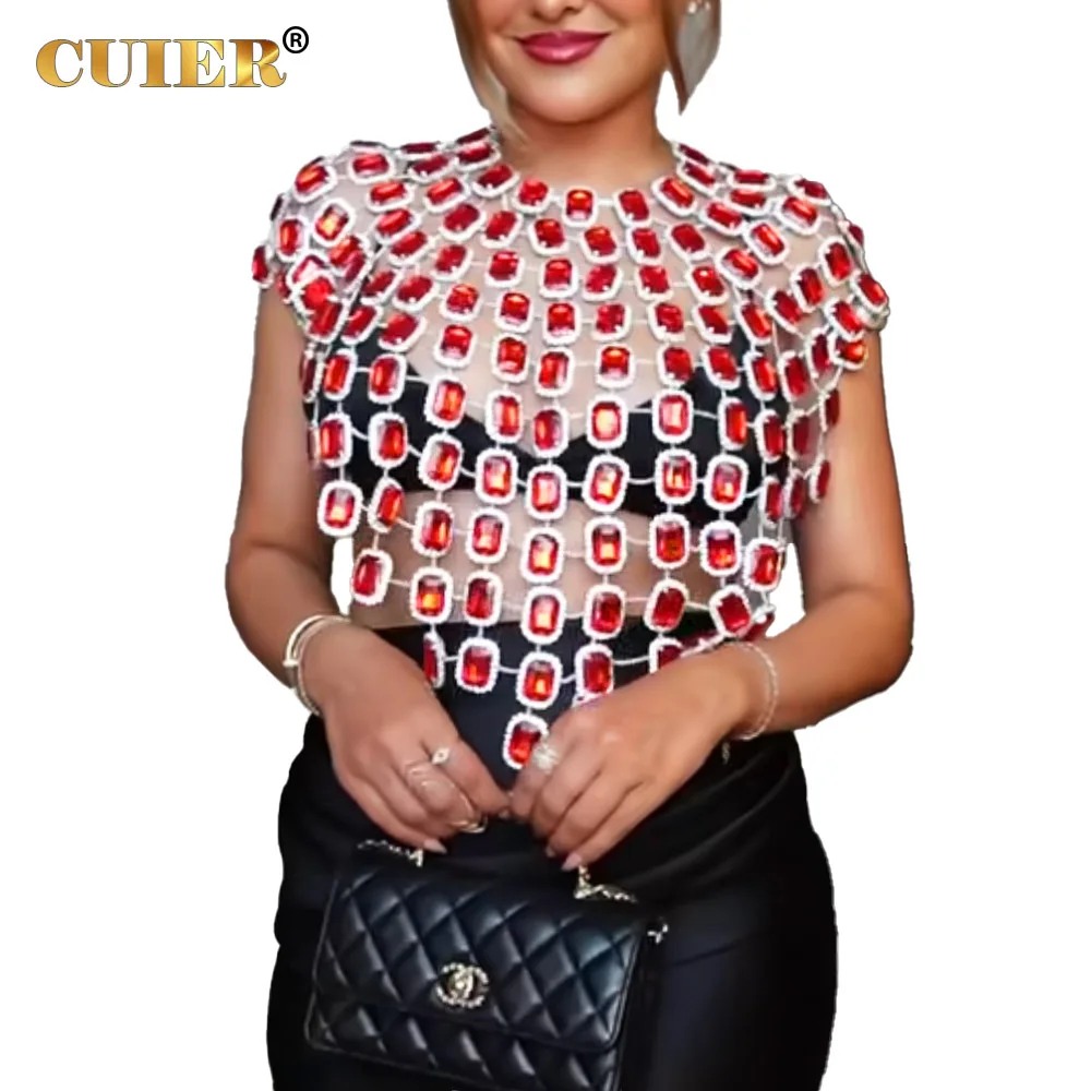 

CUIER Sexy red Rectangular geometric glass women's tops party festival body chain Jewelry for stage accessories