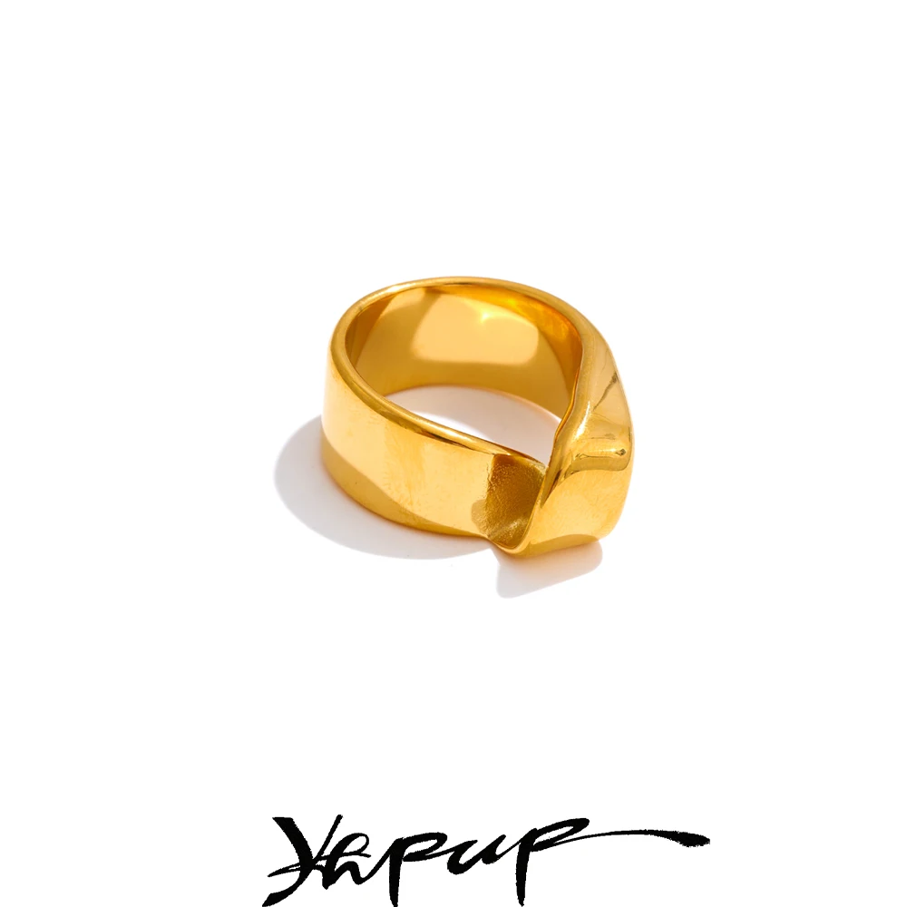 Yhpup Size 6 7 8 Stylish Unique Metal Polished Cast Geometric Ring Gold Color Stainless Steel Personalized Finger Jewelry Gift