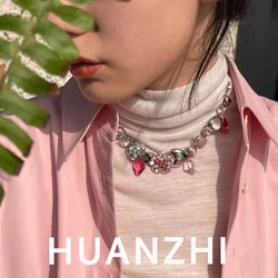 HUANZHI INES Romantic Sweet Pink Flower Necklace Colourful Vintage Elegant Choker Y2K Fine Luxury Jewelry for Women Girls New