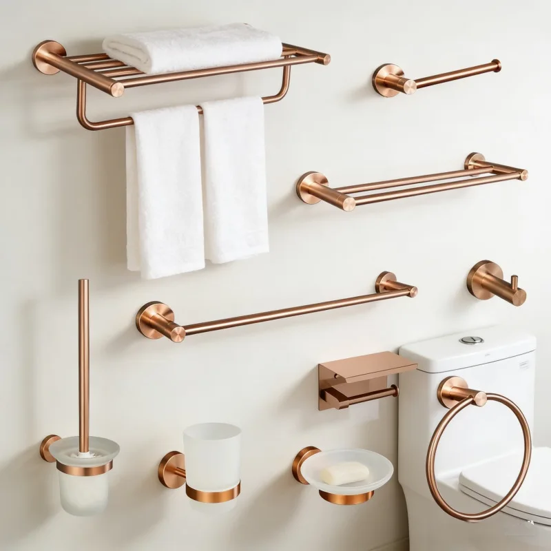 

Brushed rose gold stainless steel towel holder, bathroom clothes hook, tissue holder, towel ring, toilet brush, towel rod set