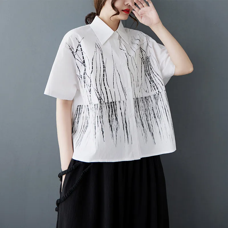 Women's White Blouse 2026 New Summer Fashion Loose Casual Short-sleeve Shirt Unique Design Chic Print Commuter Fashion Tops view 2