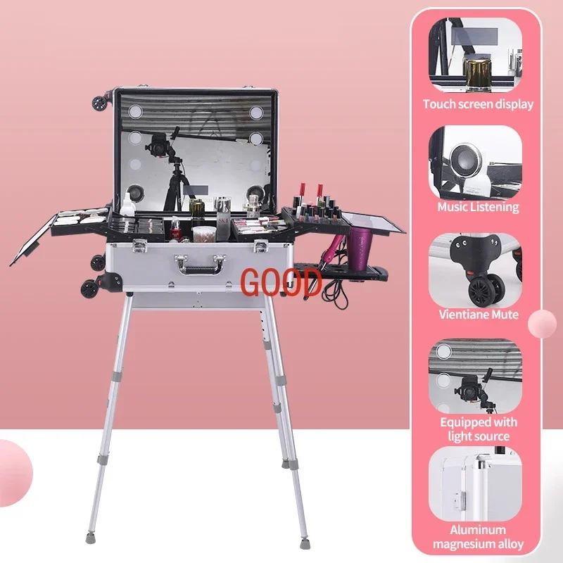 22/24Inch Professional Rolling Cosmetic Case Beauty Makeup Trolley Suitcase LED Light Mirror Luggage Aluminum Frame Folding Case