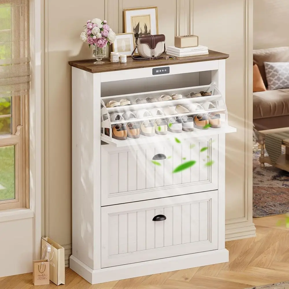 

Space-Saving Flip Drawer Shoe Cabinet, Deodorizing Storage, Slim Design for Entryways, Farmhouse Style, Antique White & Brown