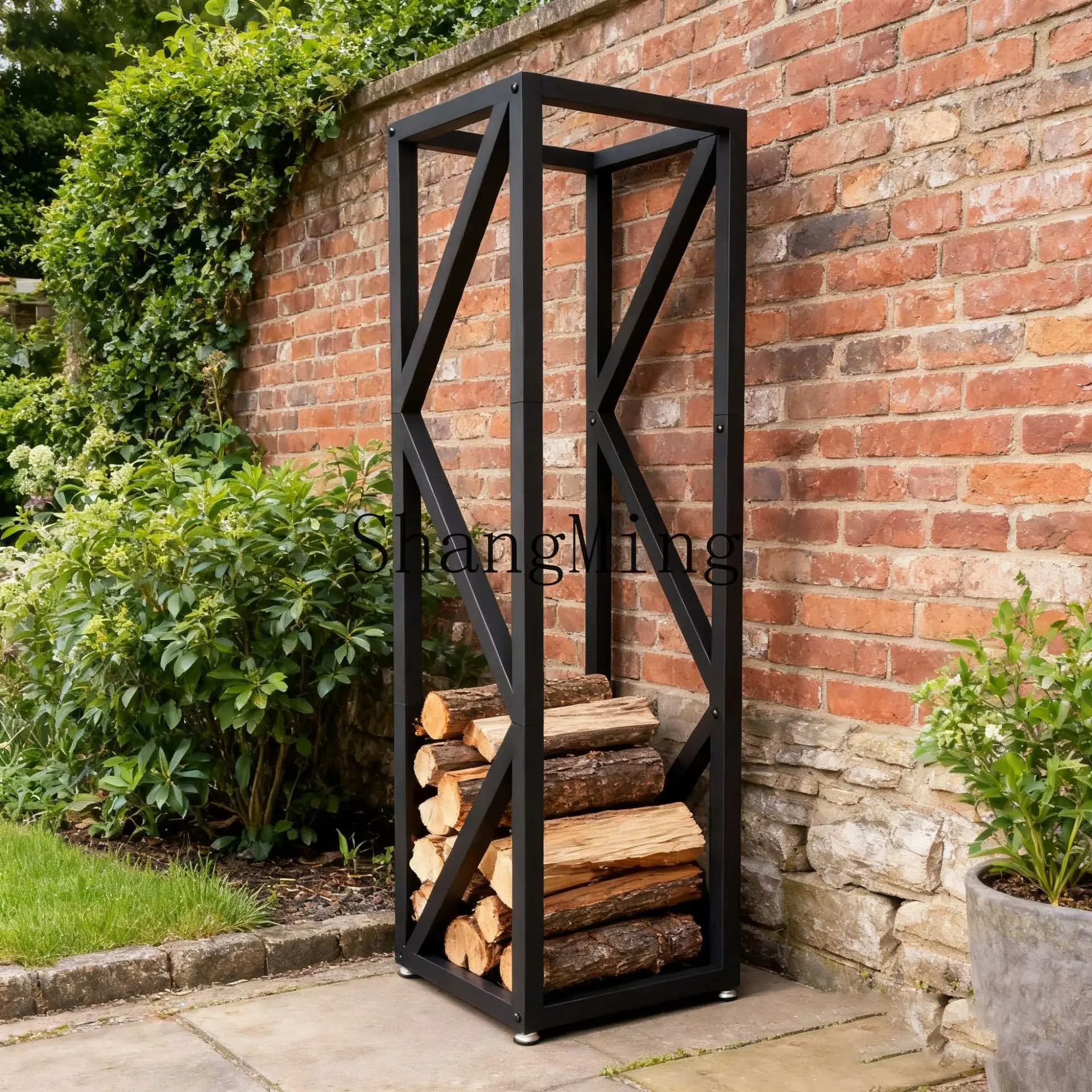 SM floor-to-ceiling wrought iron large-capacity rectangular wood storage rack, new model, outdoor wood shelf