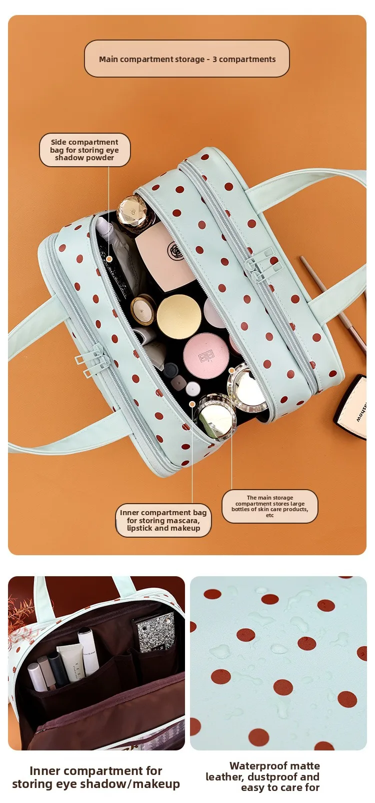Polka Dot Make-up-Tasche mit großem Fassungsvermögen, tragbarer Reise-Kosmetik-Organizer, wasserdichte Hand-Kulturtasche für Damen – Detail 5