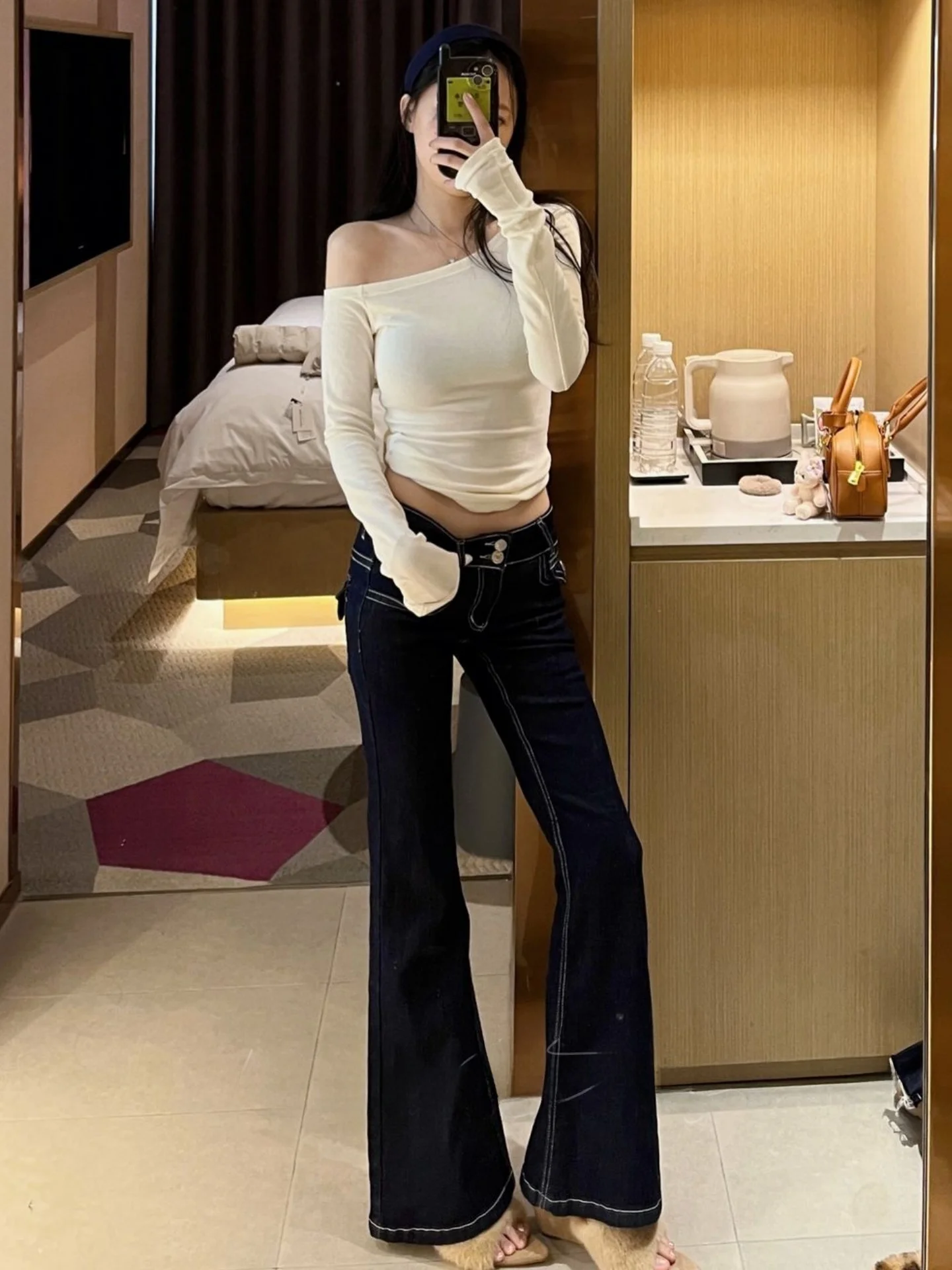 

Женские джинсы с низкой посадкой, двойным синим дизайном и эффектом похудения, расклешенные, из эластичного хлопкового денима, для максимального комфорта