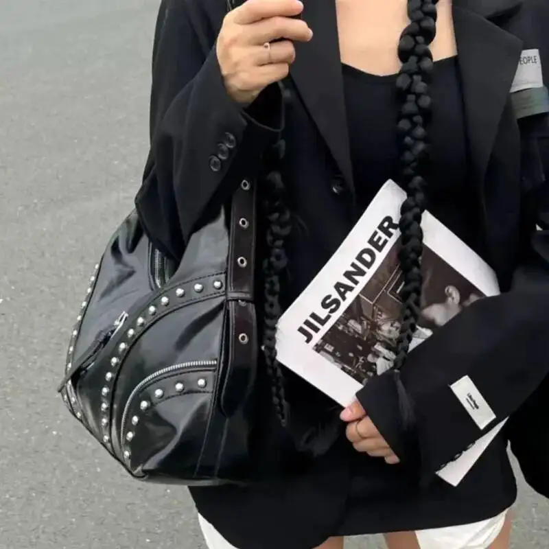 Bloom Hot Girls Black Bags Y2k Women Vintage Rivet Large Capacity Shoulder Crossbody Bag Ladies Retro Casual Handbag