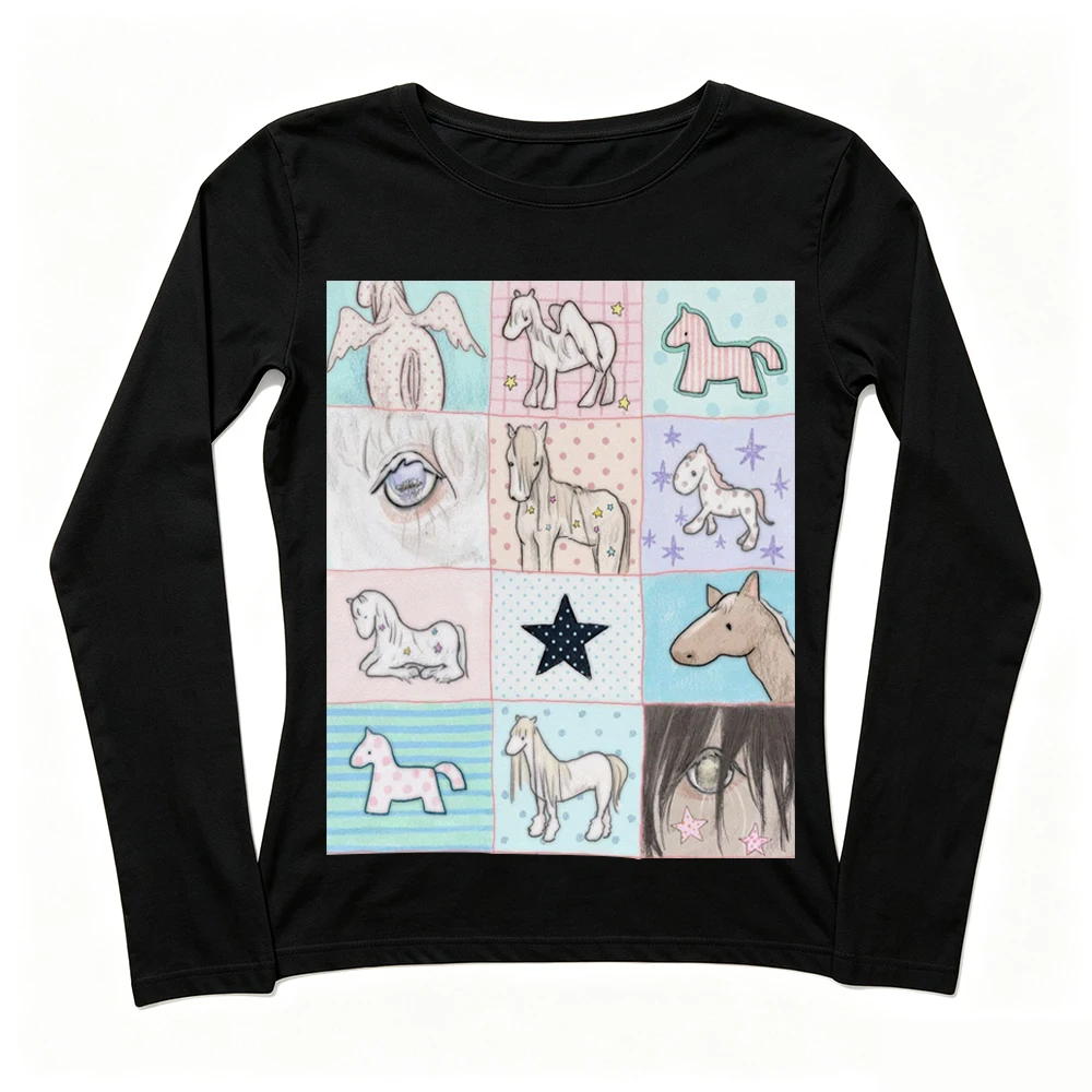 Coquette Alt Women Cute Hand Drawn Pony Patchwork Print Long Sleeve Tee Crew Neck Slim Y2K Grunge Vintage Top