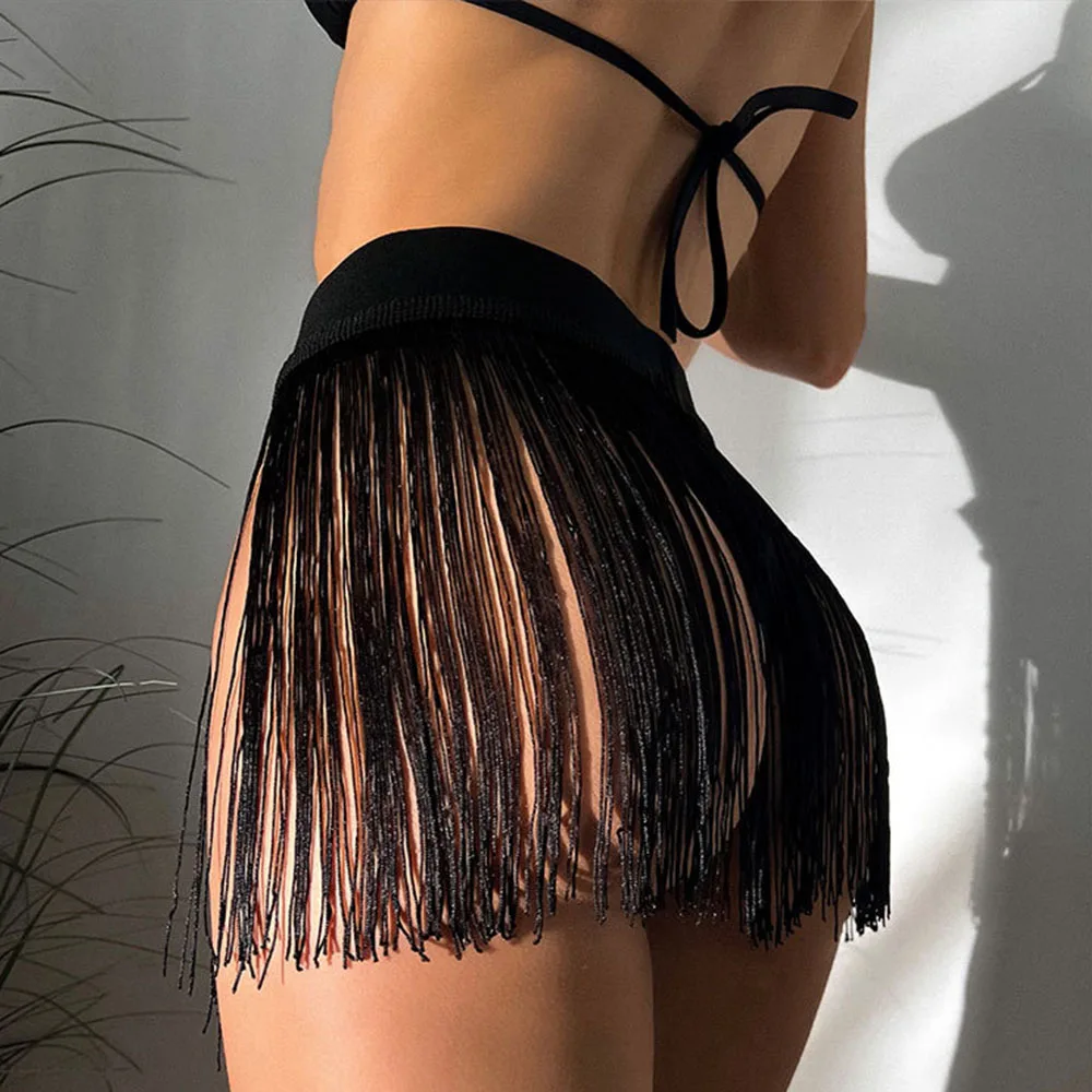 Boho-Fransen-Strandüberzug für Damen – hoch taillierter Quasten-Mesh-Minirock in Schwarz, Rave-transparentes Kleid, Festival-Outfit