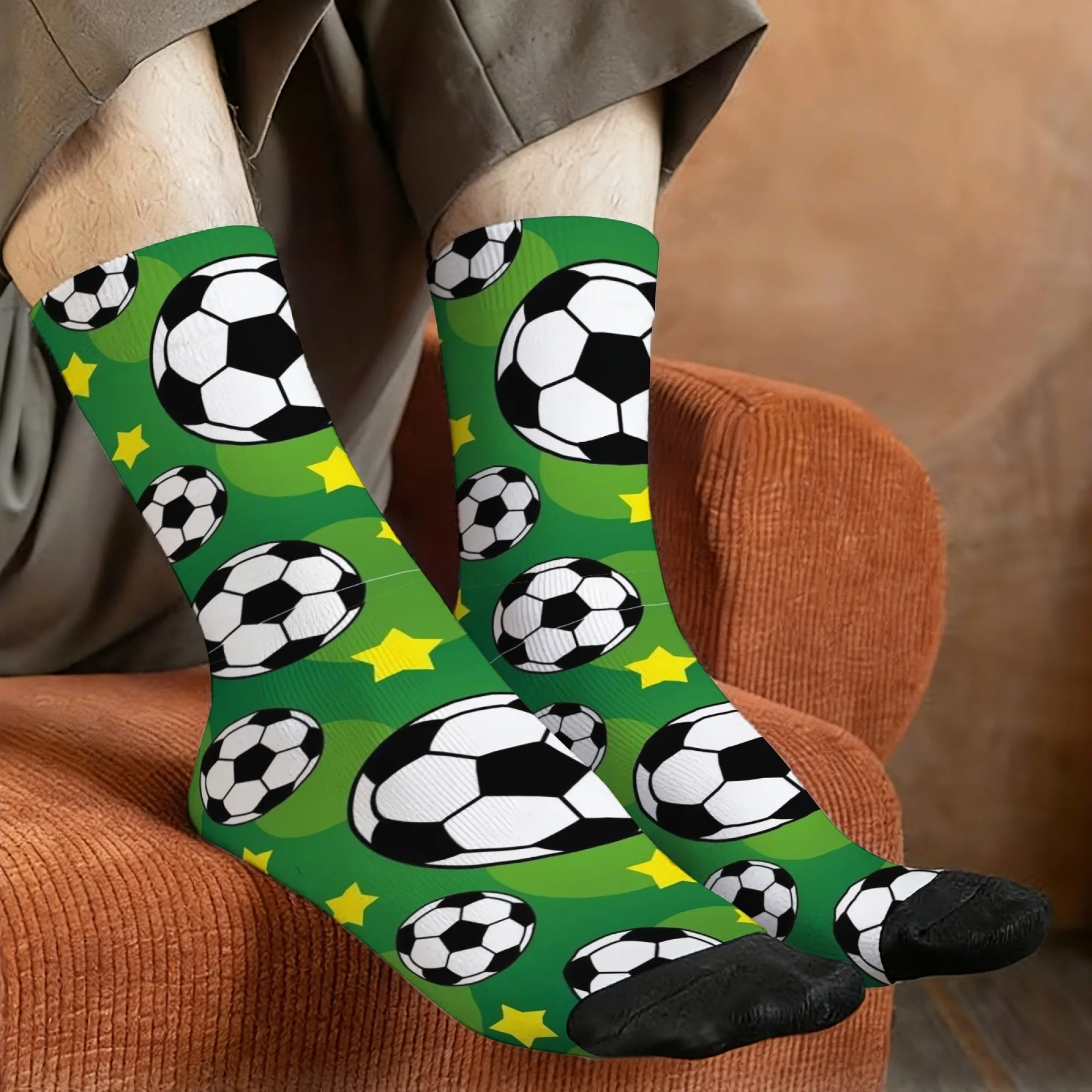 

1 Pair Men Green Soccer Ball Print Socks Vibrant All Over Print Unisex Soccer Athletic Ideal Sports Team Gifts Machine Washable