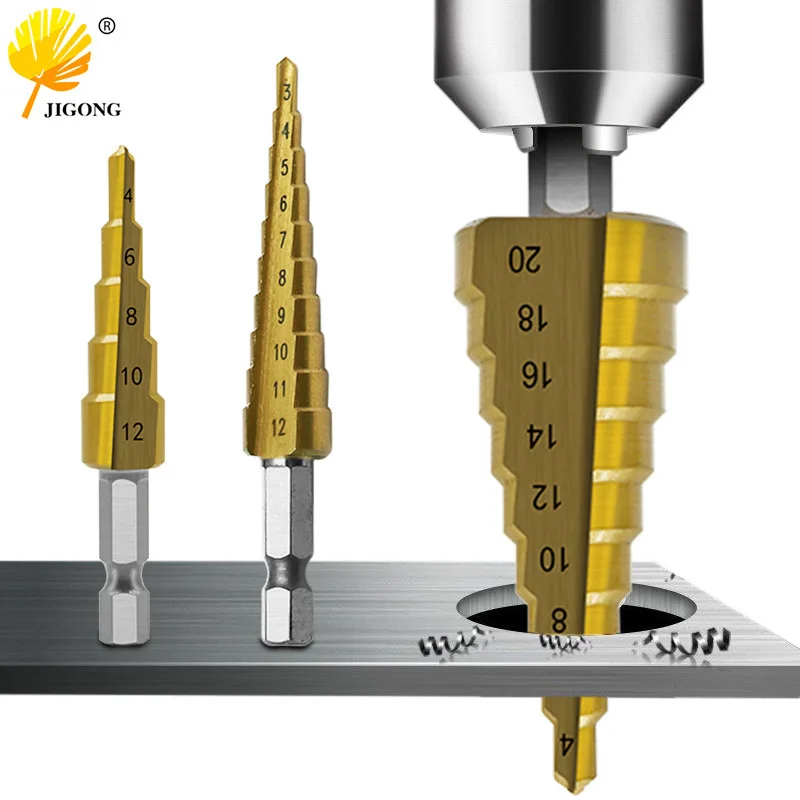 3-12/4 - 12/4-20 Box Hexagonal Shank Straight Groove Titanium Plated Step Drill Reaming Step Drill Pagoda Bit Set