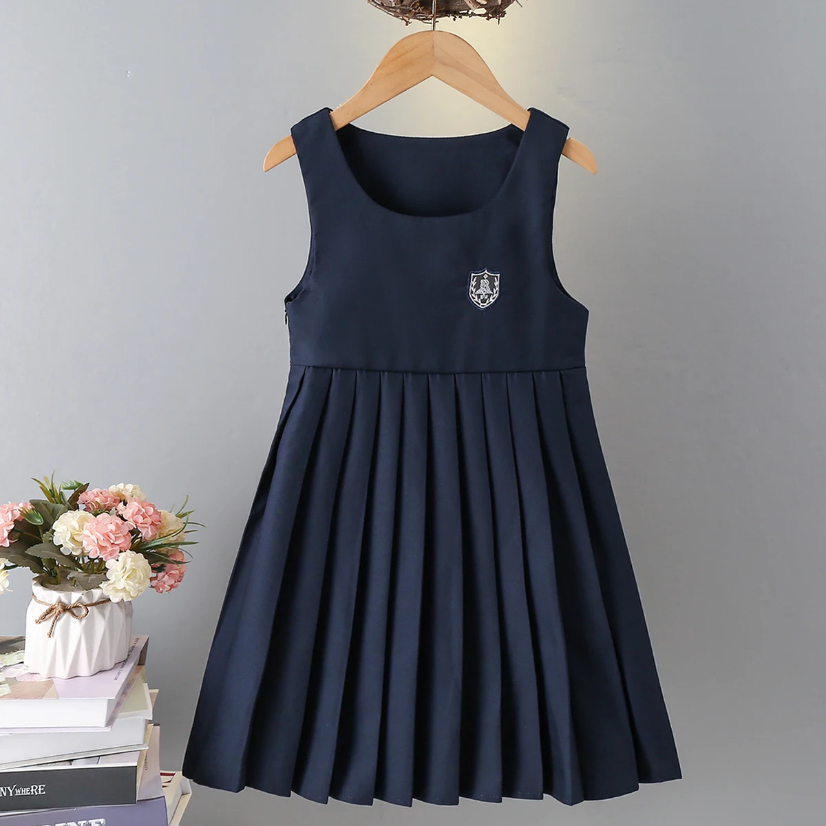 Summer School Uniform Girls Vest Dresses Navy Blue Baby Girl Preppy Outfits Teenagers Dress Sleeveless Children Costumes 4-14 Y