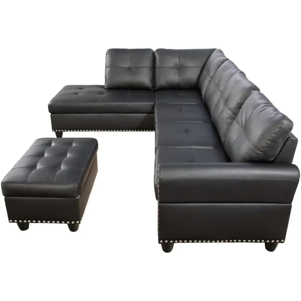 Convertible Sectional Sofa with Storage Ottoman, 2 Cup Holders, 2 Throw Pillows, Faux Leather Sectional Sofa Couch, Black