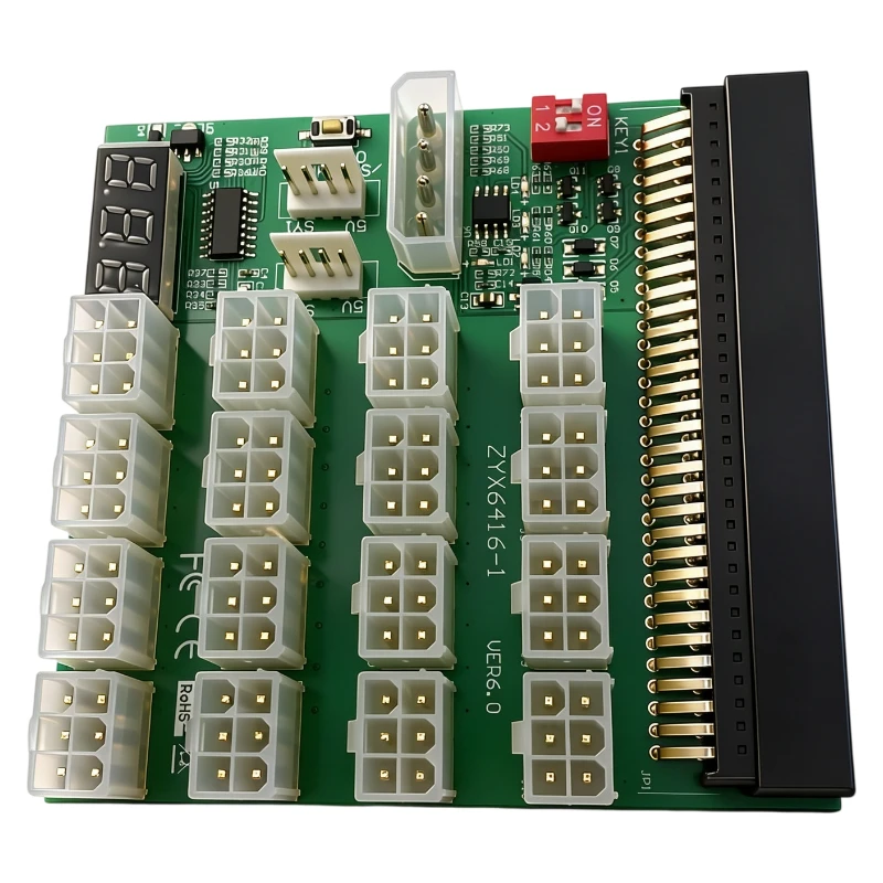 64Pin 16Port Dual Sync Breakout Board Server PSU to 16x 6Pin PCIe Power Board with LED Voltage Display for HP DPS GPU Mining Rig