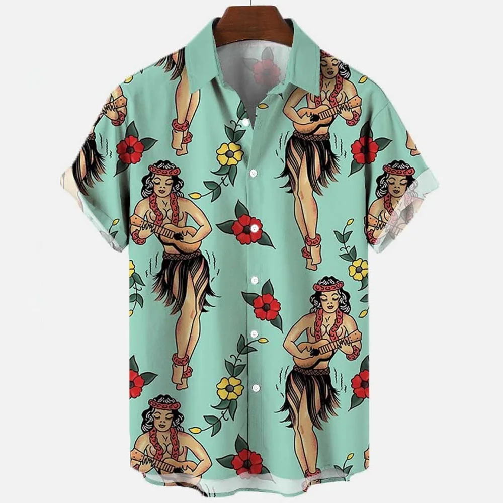 Vintage Mermaid Art 3d Digital Print Pattern Men\'s Shirt Retro Hawaiian Shirt Man Street Short Sleeve Top Loose Shirt Male Tops