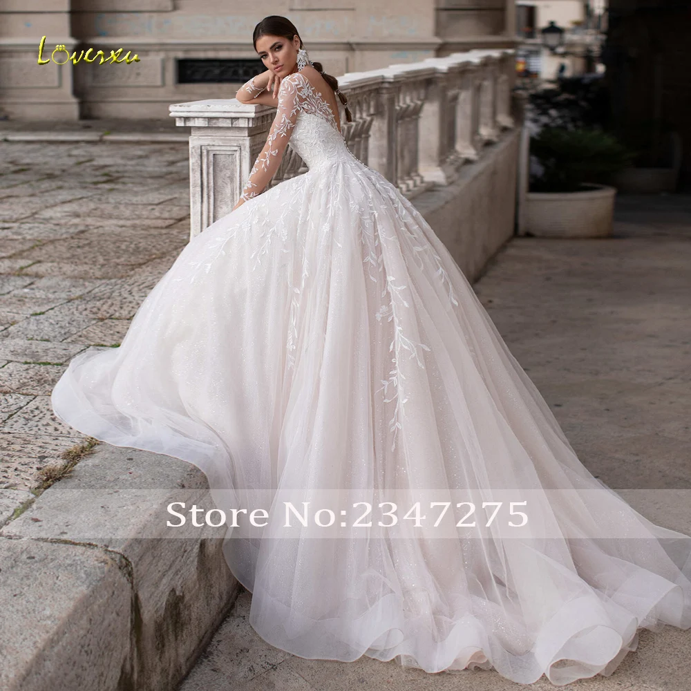 Loverxu A-Line Shiny Princess Wedding Dresses O-Neck Long Sleeve Robe De Mariee Lace Appliques Backless Custom Made Bridal Gown