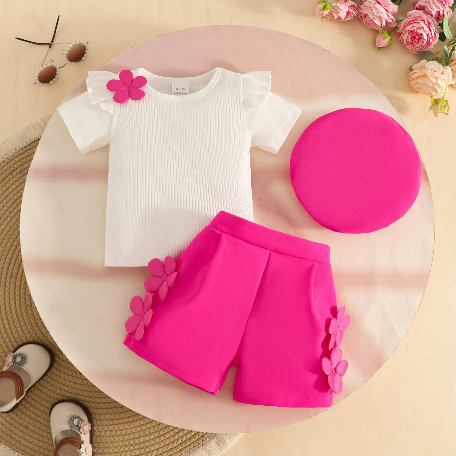 الحلو الفتيات ثلاثية الأبعاد الأزهار الزي 2026 الصيف قصيرة الأكمام أعلى السراويل القبعات 3 قطعة مطابقة مجموعة أزياء الاطفال الملابس ل 0-3Y