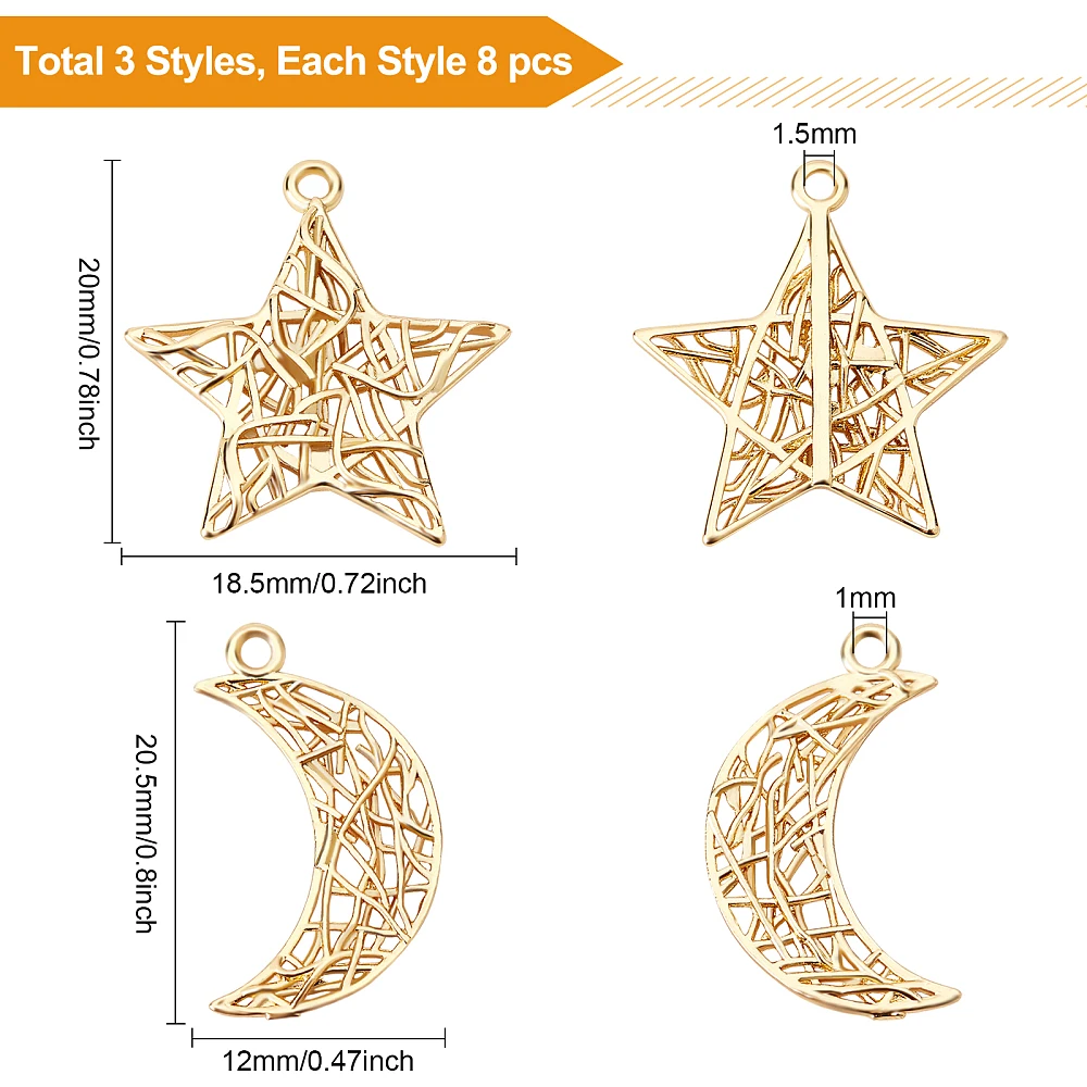 1box 16pcs 2 style Brass Pendants Long-Lasting  Star Moon    20x18.5x1.5mm Hole: 1.4mm
